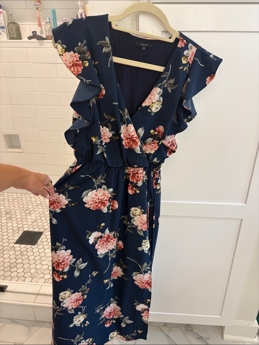 Soprano Navy Floral Midi Dress with Ruffle Sleeves